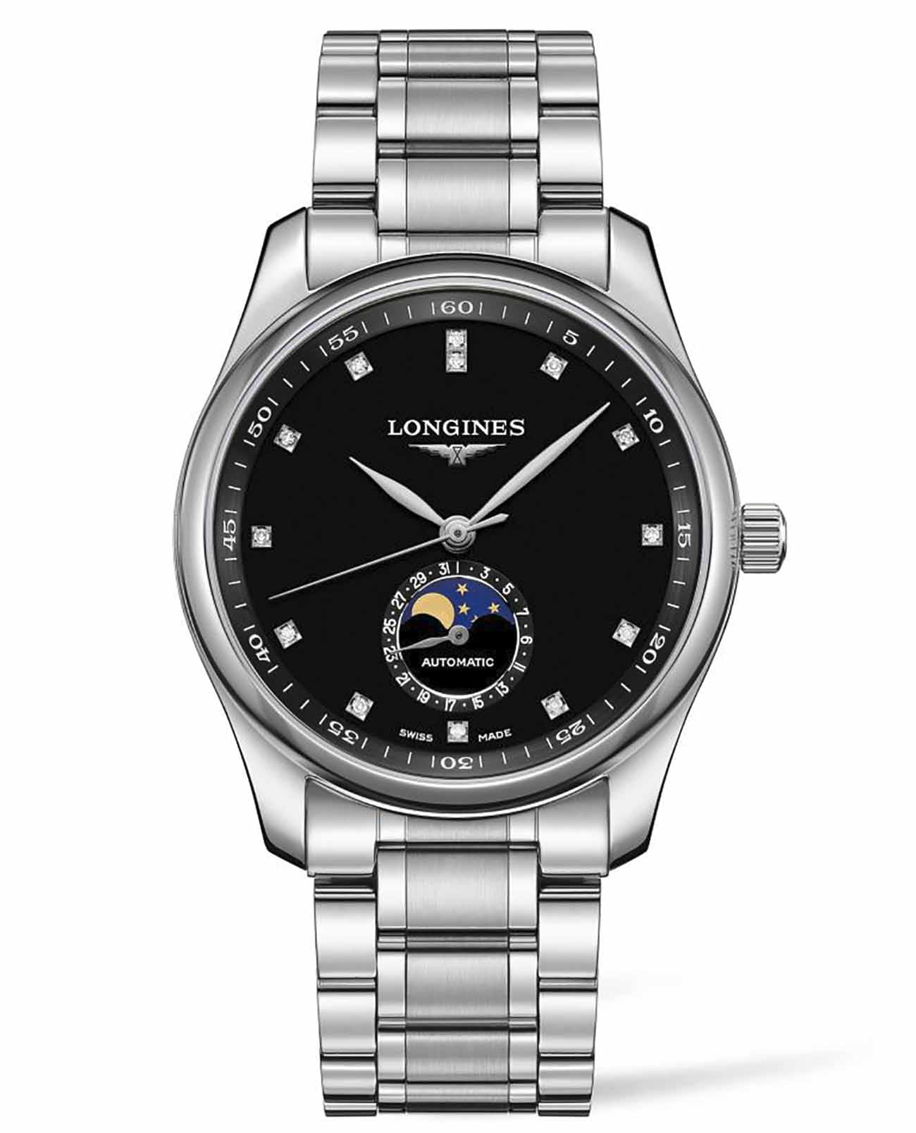 Longines Longines Master Collection L2.909.4.57.6  L29094576 механические мужские часы черный циферблат, браслет нержавеющая сталь — вид спереди